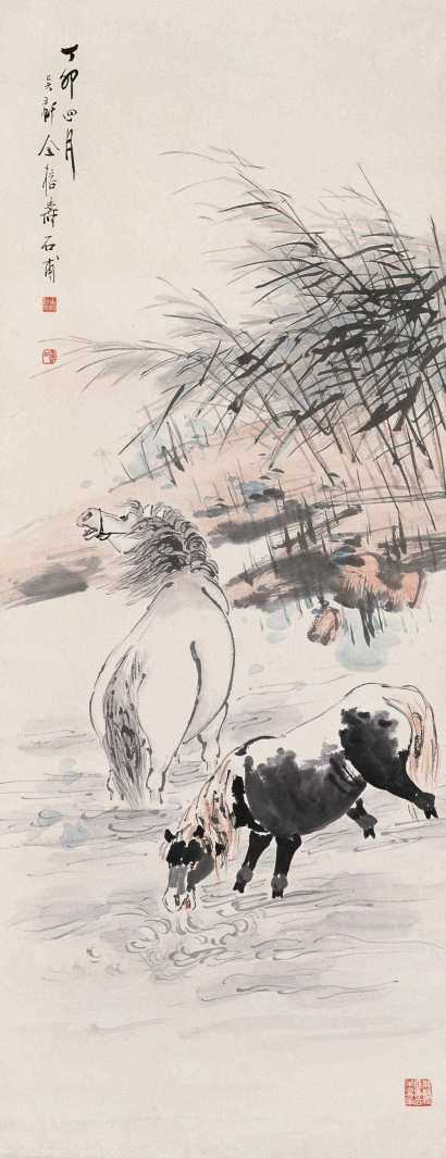 金寿石 丁卯(1927)年作 双骏图 立轴